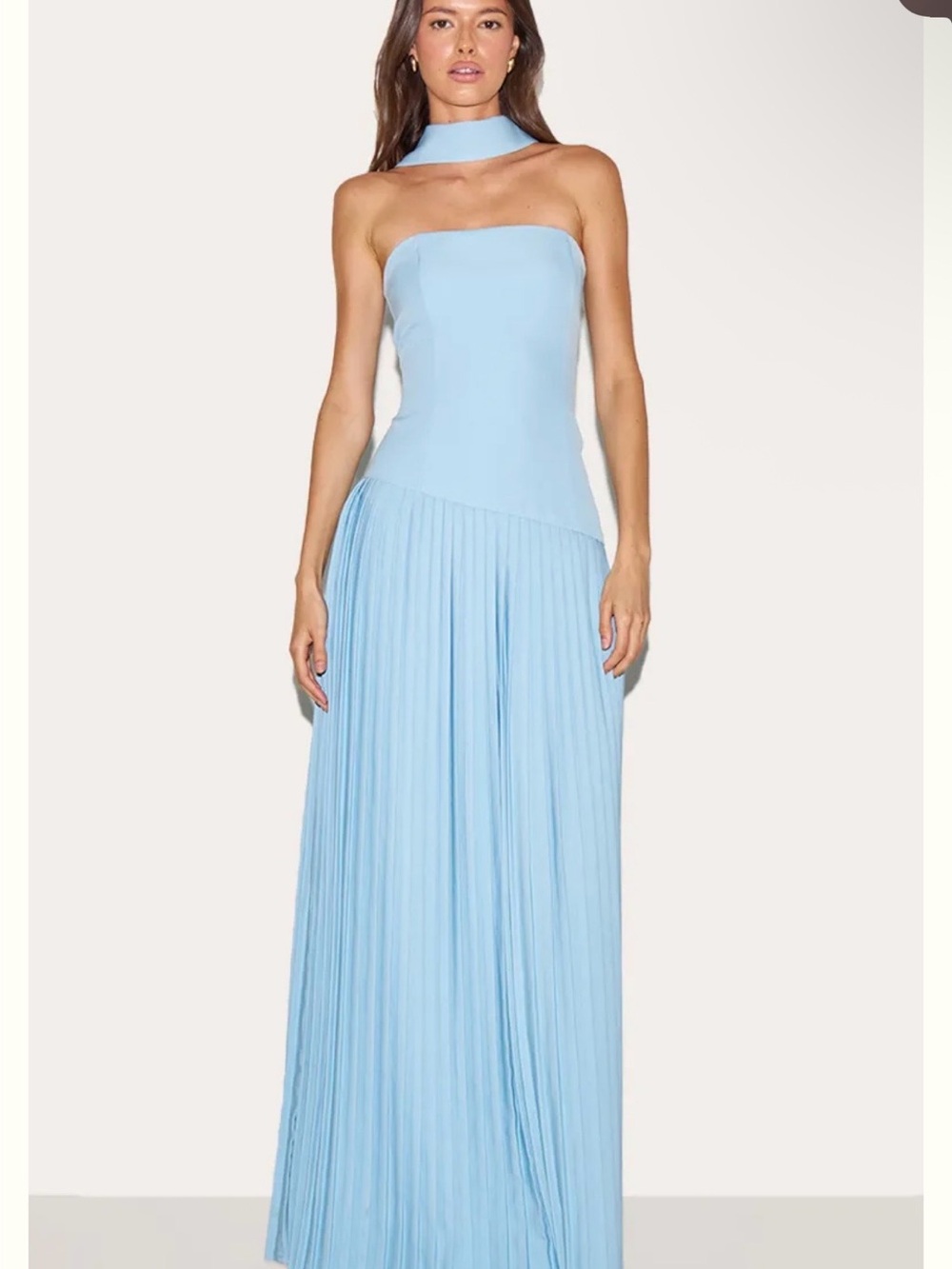 PrettyLittleThing Light Blue Strapless Pleated Maxi Dress with Neck Choker